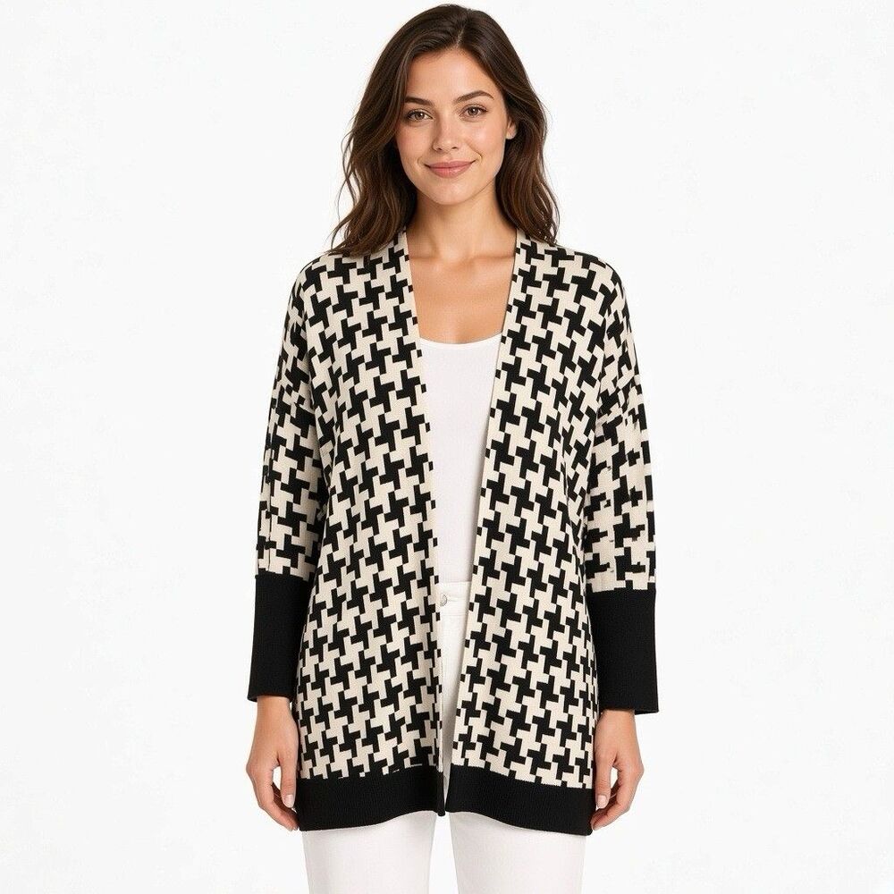 Chico's Black & White Houndstooth Knit Open Front Cardigan Sweater Women's L/XL